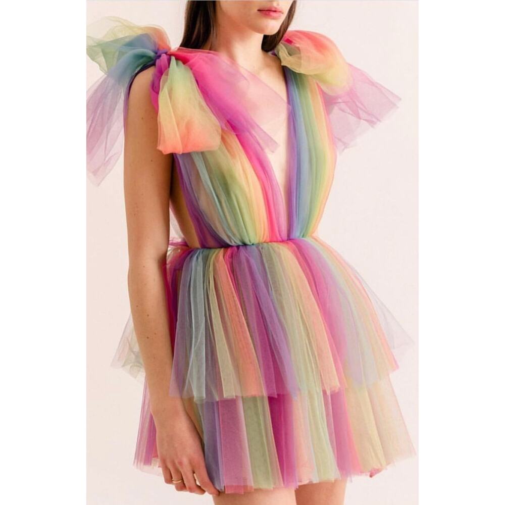 Lirika Matoshi Dream Come True Rainbow Tulle Mini Dress Size Medium